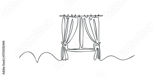 Minimalist line art of draped window curtains