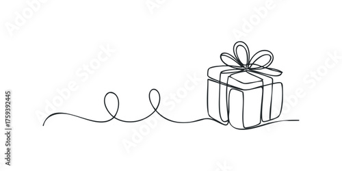 Continuous line drawing of a wrapped gift box with bow