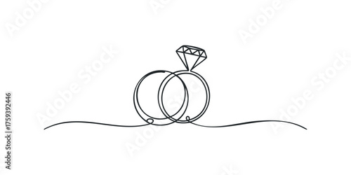 Line drawing of two intertwined wedding rings with a diamond