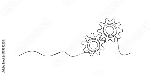 Two interlocking gears drawn with a single continuous line