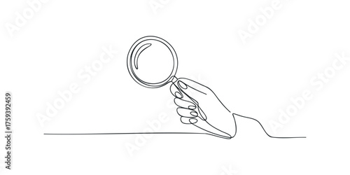 Hand holding magnifying glass with continuous line drawing