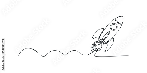 Single line drawing of a rocket ship in flight