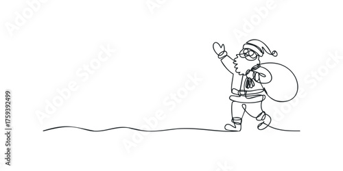 Waving Santa Claus carrying sack in continuous line drawing
