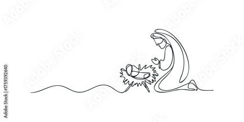 Continuous line drawing of a mother with a newborn baby in a manger