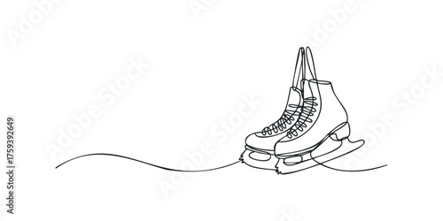 Continuous line drawing of ice skates on white