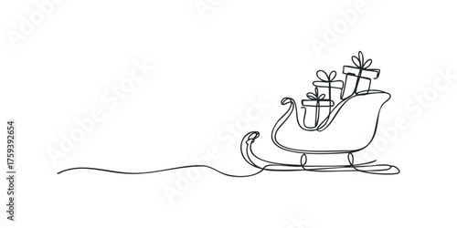 Sleigh filled with gift boxes drawn with continuous line