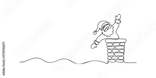 Santa Claus figure emerging from chimney one line drawing