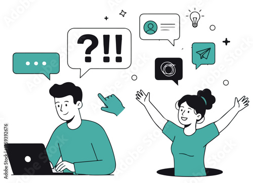 Creative illustration of online communication, social network. Vector concept for web banner, social media banner, business presentation, marketing material. 