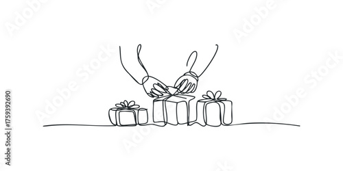 Hands tying ribbon on gift box with minimalist line drawing