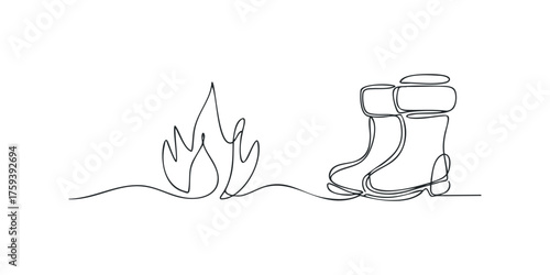 Single line drawing of boots next to a fire