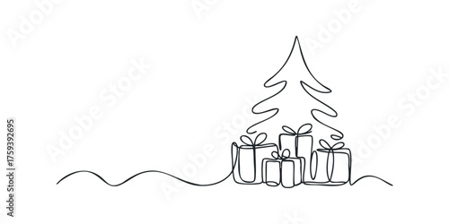 Simple continuous line drawing of a Christmas tree and gifts