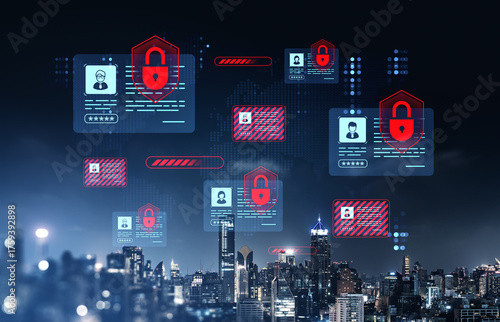 Fototapete Cybersecurity concept showing data breach and identity theft with digital padlocks and profiles over a cityscape at night in a futuristic interface style