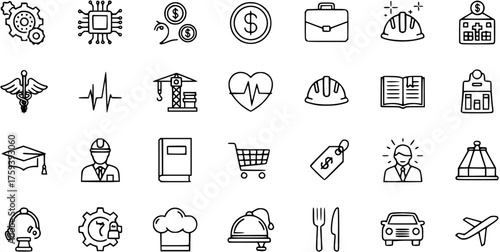 Diverse vector outline icons of professions, industries, education, finance, healthcare, technology, construction, retail, hospitality  transportation