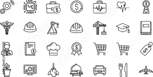 Diverse Outline Icon Collection: Business, Industry, Education, Healthcare, and Lifestyle Concepts for Web  Print