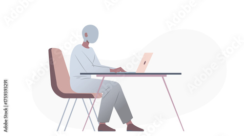 A minimalist vector illustration of a faceless person with subtle suggestions of facial features, sitting at a sleek modern desk with clean lines, working on a slim laptop with a softly glowing screen