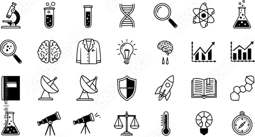 Science, Research, and Education Icons Set: Essential Symbols for Lab, Technology, Learning, and Discovery Vector Illustration