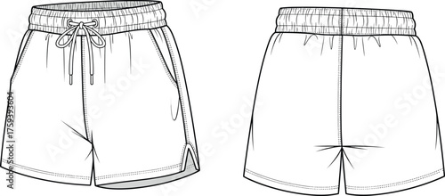 Athletic shorts technical sketch, fashion flat drawing, sportswear design template, vector apparel illustration, garment blueprint, CAD style, front back view, cad drawing flat vector illustration