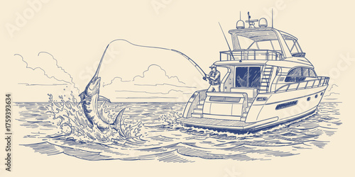 Hand drawn scene of a fisherman catching a giant marlin from a luxury yacht in open sea
