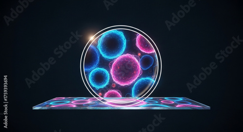 A futuristic representation of cells, showcasing a blend of pink and blue hues, encapsulated within a transparent sphere on a reflective surface
