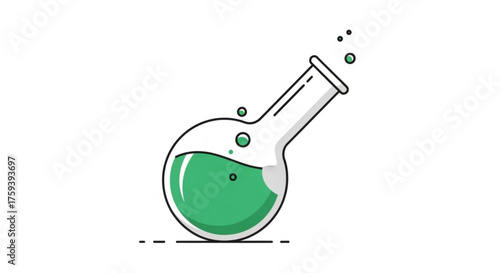Illustration of a round bottom flask containing green liquid, , representing chemistry and scientific experiments