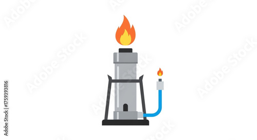 Illustration of a bunsen burner with flame, representing science, chemistry, laboratory, or experiment