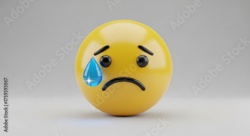 A sad yellow emoji face with a tear running down its cheek, expressing feelings of sorrow, disappointment, or grief on a light gray background