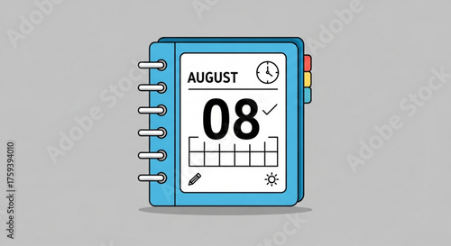 A blue notebook displays the date august 8th with a clock, pencil, and lightbulb icon, symbolizing scheduling, reminders, and ideas