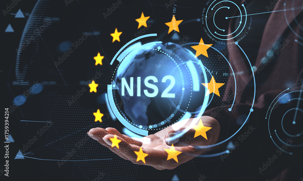 Obraz premium Digital NIS2 cybersecurity concept with holographic Earth and EU stars hovering above a hand on futuristic tech background.