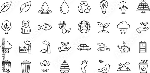 Set of Ecology and Environment Line Icons: Nature, Sustainability, Renewable Energy, Pollution, Conservation  Outline Vector Graphic Elements