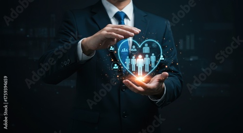 Businessman Holding Digital Heart with People Icons Representing Human Resources and Corporate Care