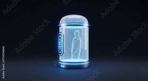 Futuristic cryogenic sleep chamber with human silhouette, advanced technology for space travel and longterm preservation, dark background