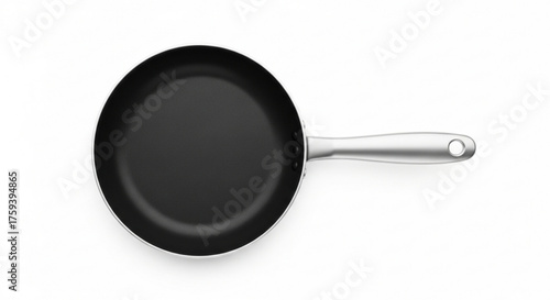 A sleek black frying pan with a silver handle sits on a pristine white surface, ready for culinary creations