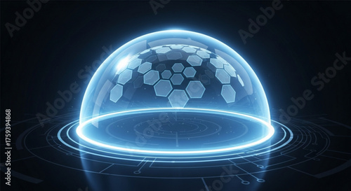 A glowing blue dome protects a network of hexagons, representing cybersecurity, data protection, and technological advancement