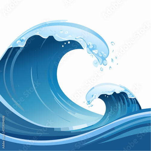 Illustration of powerful blue ocean waves with foamy crests on white background