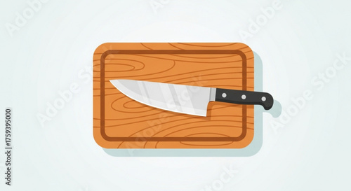 Illustration of a wooden cutting board with a knife on top, , used for preparing food in the kitchen