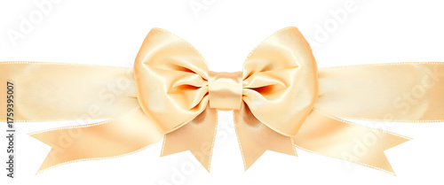  Champagne ribbon with soft shimmer and layered bow in the middle, horizontal layout. Isolated on transparent background.