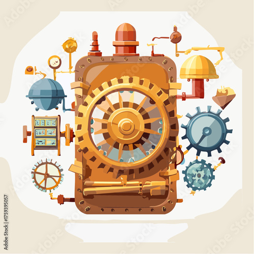 Intricate steampunk machine illustration on a light background