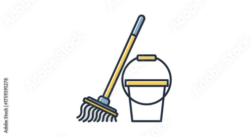 Illustration of a mop and bucket, essential tools for cleaning floors and maintaining a tidy home