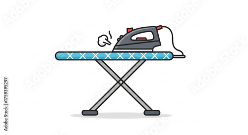 Ironing board with iron and steam laundry, ironing, household, garment care, and appliance concept design