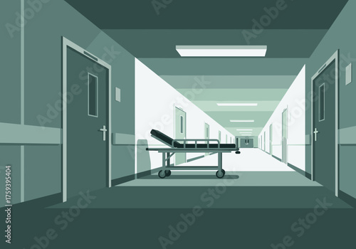 Flat design, hospital corridor with gurney. Desaturated blues and greens.