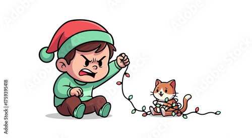 A spirited child and their feline friend playfully create a tangled mess with holiday string lights