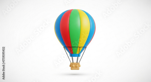A colorful hot air balloon with red, green, yellow, and blue stripes, floating gently against an, a symbol of adventure
