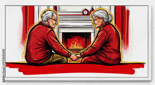 An elderly man and woman holding hands by a fireplace, with a partial background in the form of a broad brushstroke beneath them, white outer surface 