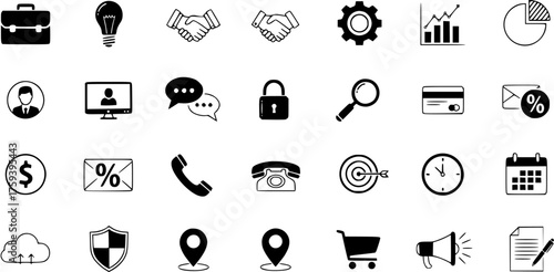 Comprehensive collection of business, finance, communication, and technology-related black and white vector icons for web and mobile applications.