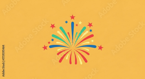 A vibrant firework display against a yellow background, with colorful bursts of red, blue, green, and white, symbolizing celebration and joy