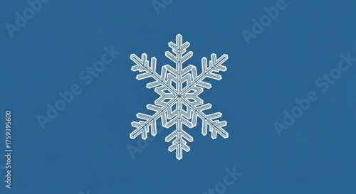 A delicate, symmetrical snowflake with intricate details on a blue background, representing winter, cold, and the beauty of nature