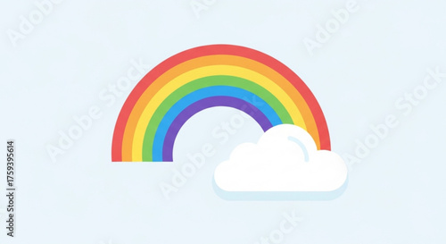 Illustration of a vibrant rainbow arching beside a fluffy white cloud, , symbolizing hope, diversity, and colorful dreams