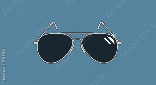 Illustration of aviator sunglasses with a silver frame and dark lenses on a blue background, showcasing a classic and stylish eyewear design