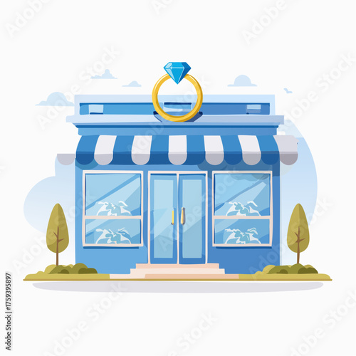 Jewelry store illustration diamond ring above flat design vector graphics