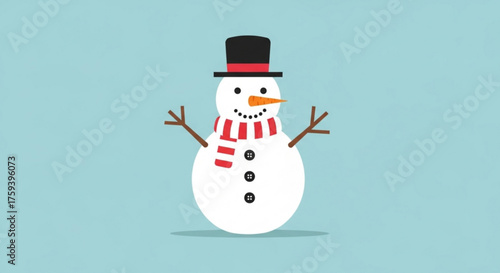 A cheerful snowman illustration with a black hat, red scarf, carrot nose, and stick arms against a light blue background for winter